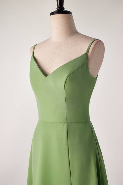 Matcha Green Straps Tea Length Bridesmaid Dress