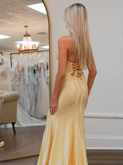 Glitter Mermaid Yellow Sweetheart Cut-out Long Prom Dress with Beading
