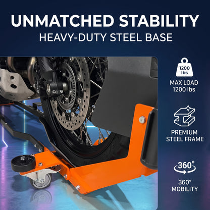 🔧 Heavy-Duty Motorcycle Wheel Chock Stand – 360° Movable Parking & Storage Rack for Secure Bike Handling