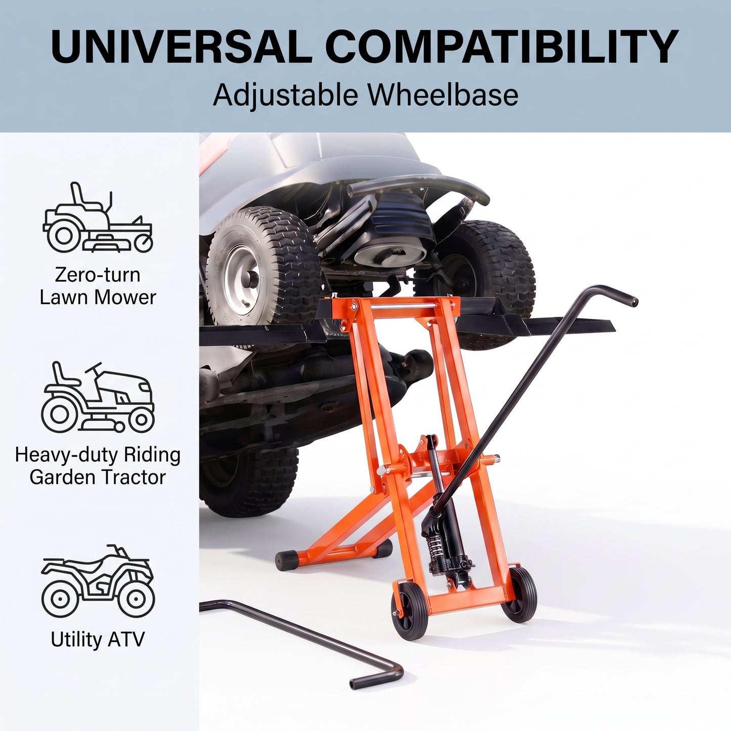 Lawn Mower Lift with Hydraulic Jack, 500 Lbs Weight Capacity, Solid Carbon Steel Lawn Mower Lift, Adjustable Movable Lawn Lifter for Riding Tractors and Zero Turn Lawn Mowers, Orange