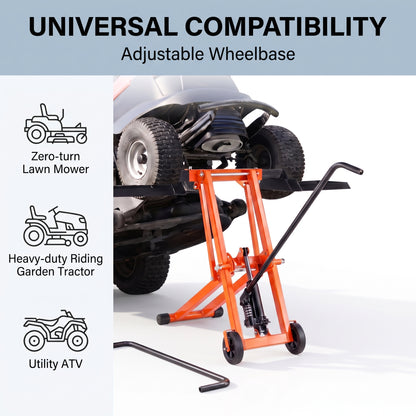 Lawn Mower Lift with Hydraulic Jack, 500 Lbs Weight Capacity, Solid Carbon Steel Lawn Mower Lift, Adjustable Movable Lawn Lifter for Riding Tractors and Zero Turn Lawn Mowers, Orange