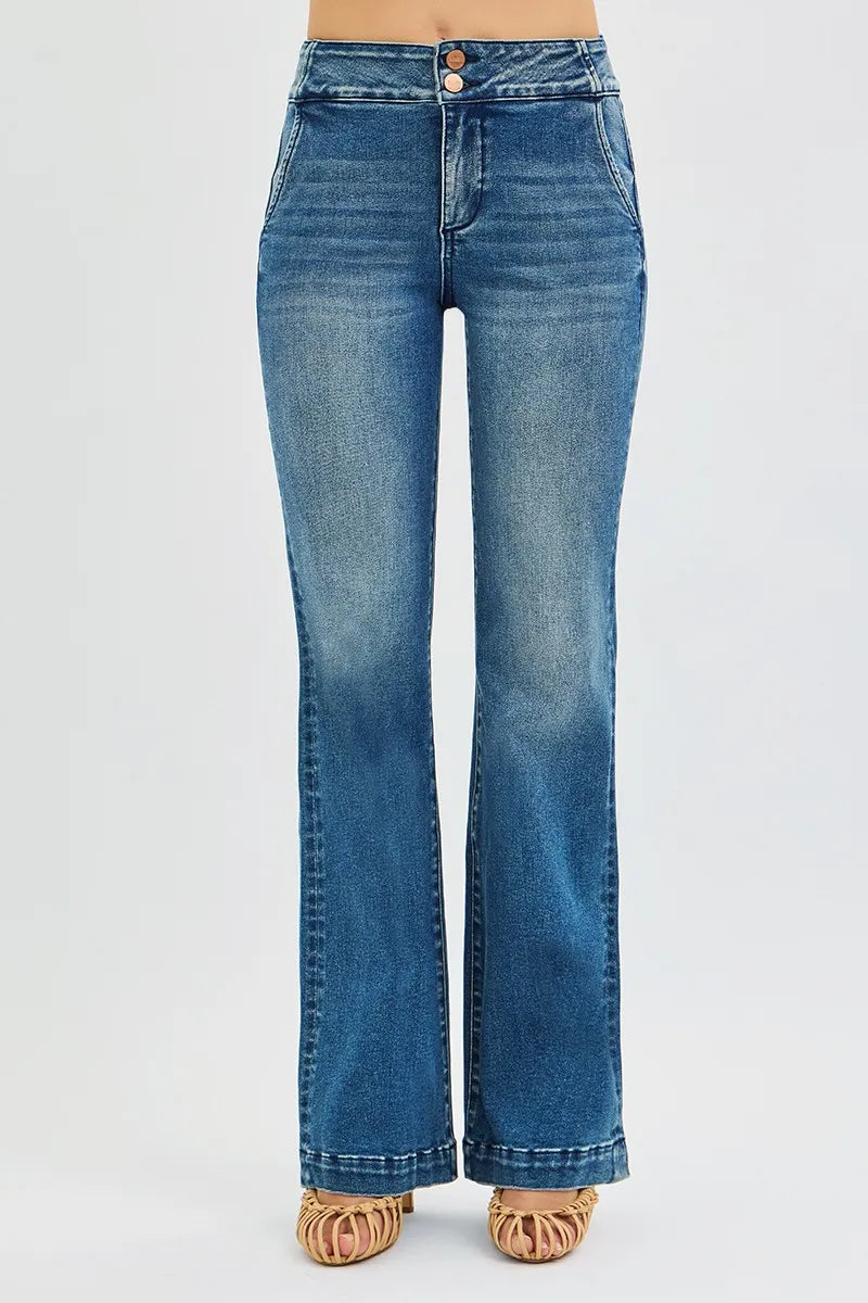 Hazel Blues® | RISEN Tummy Control High Rise Bootcut Jeans with Double Button Waistband