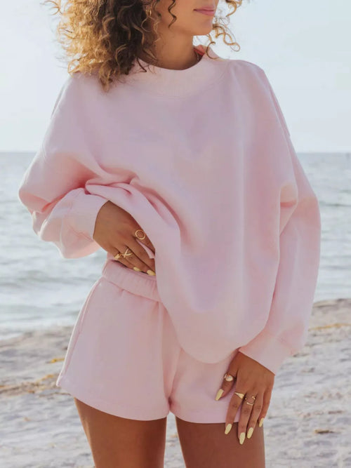 Hazel Blues® |  Relaxed Fit Round Neck Sweatshirt and Shorts Set
