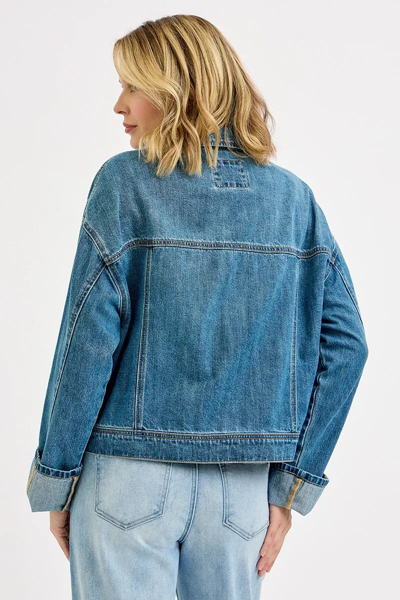 Hazel Blues® |  RISEN Oversized Cargo Pocket Denim Jacket with Cuffed Sleeves