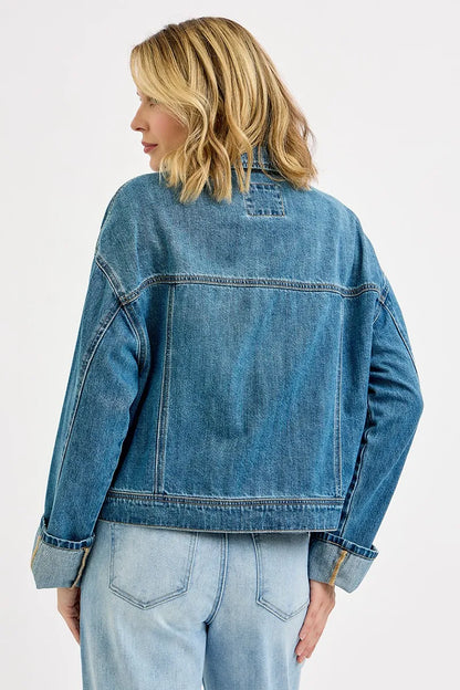 Hazel Blues® |  RISEN Oversized Cargo Pocket Denim Jacket with Cuffed Sleeves
