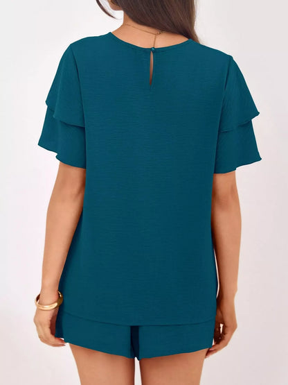 Hazel Blues® |  Ruffle Sleeve Top and Shorts Two-Piece Set