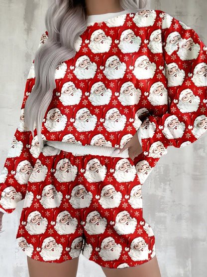 Hazel Blues® |  Christmas Santa Print Round Neck Top and Shorts Lounge Set