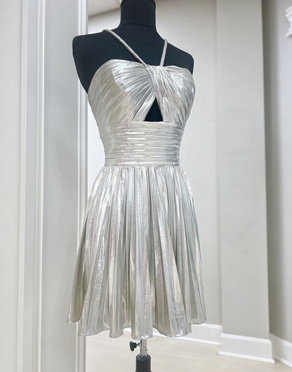 Gloden A-Line Metallic Spaghetti Strap Pleated Homecoming Dress