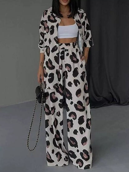 Hazel Blues® |  Leopard Print Relaxed Fit Shirt and Pants Two-Piece Set