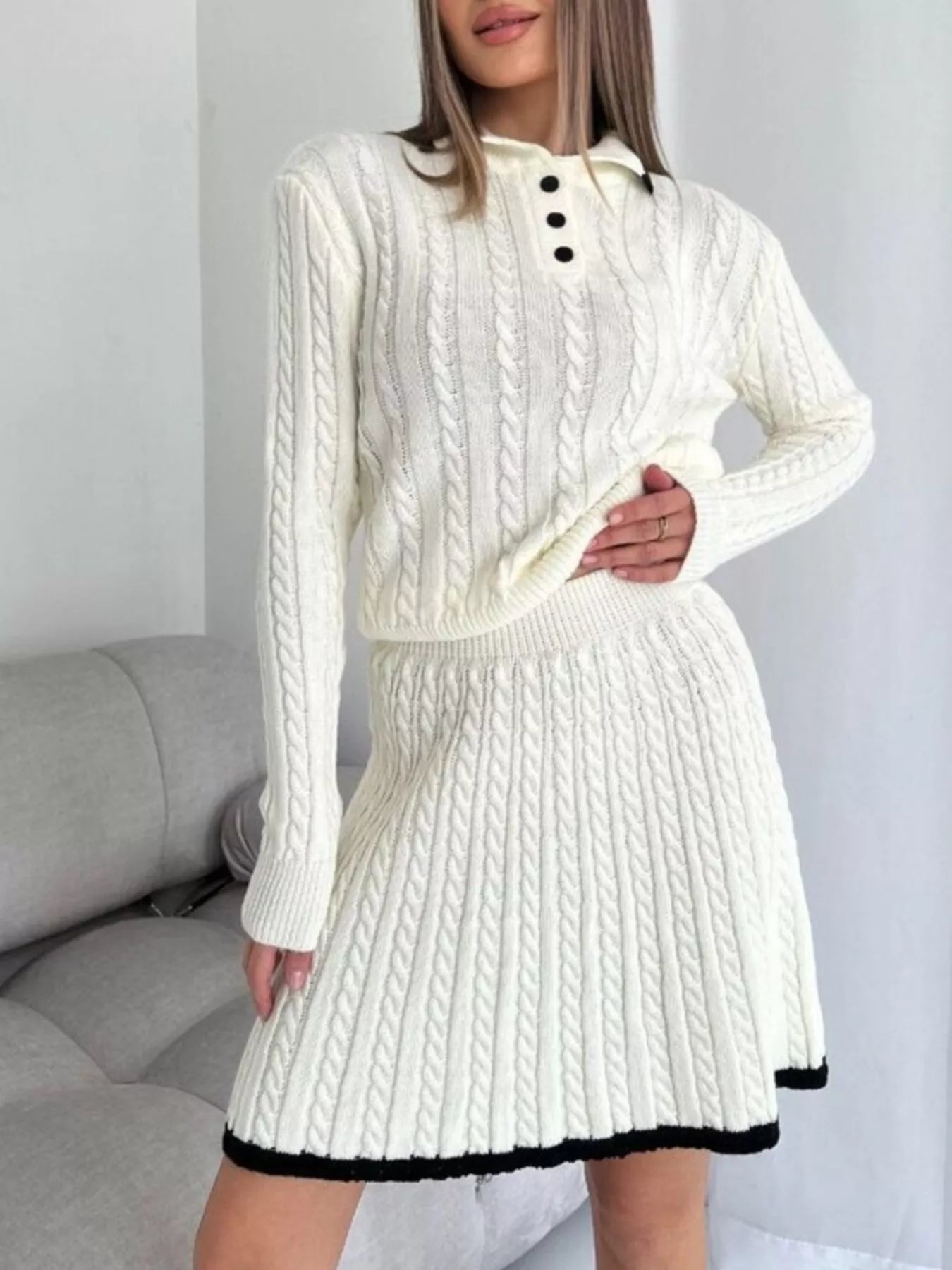 Hazel Blues® |  Cable Knit Long Sleeve Top and Skirt Sweater Set