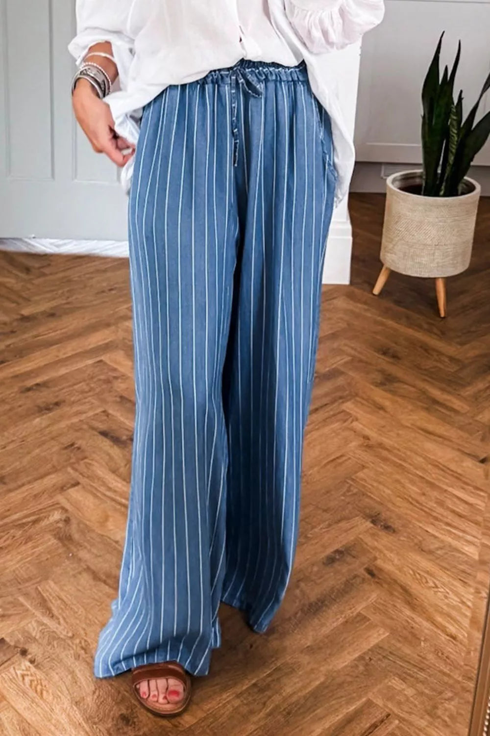 Hazel Blues® |  Stripe Chambray Wide Leg Tied Elastic Waist Jeans