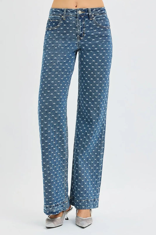 Hazel Blues® |  RISEN High Rise Wide Leg Bow Embroidered Jeans