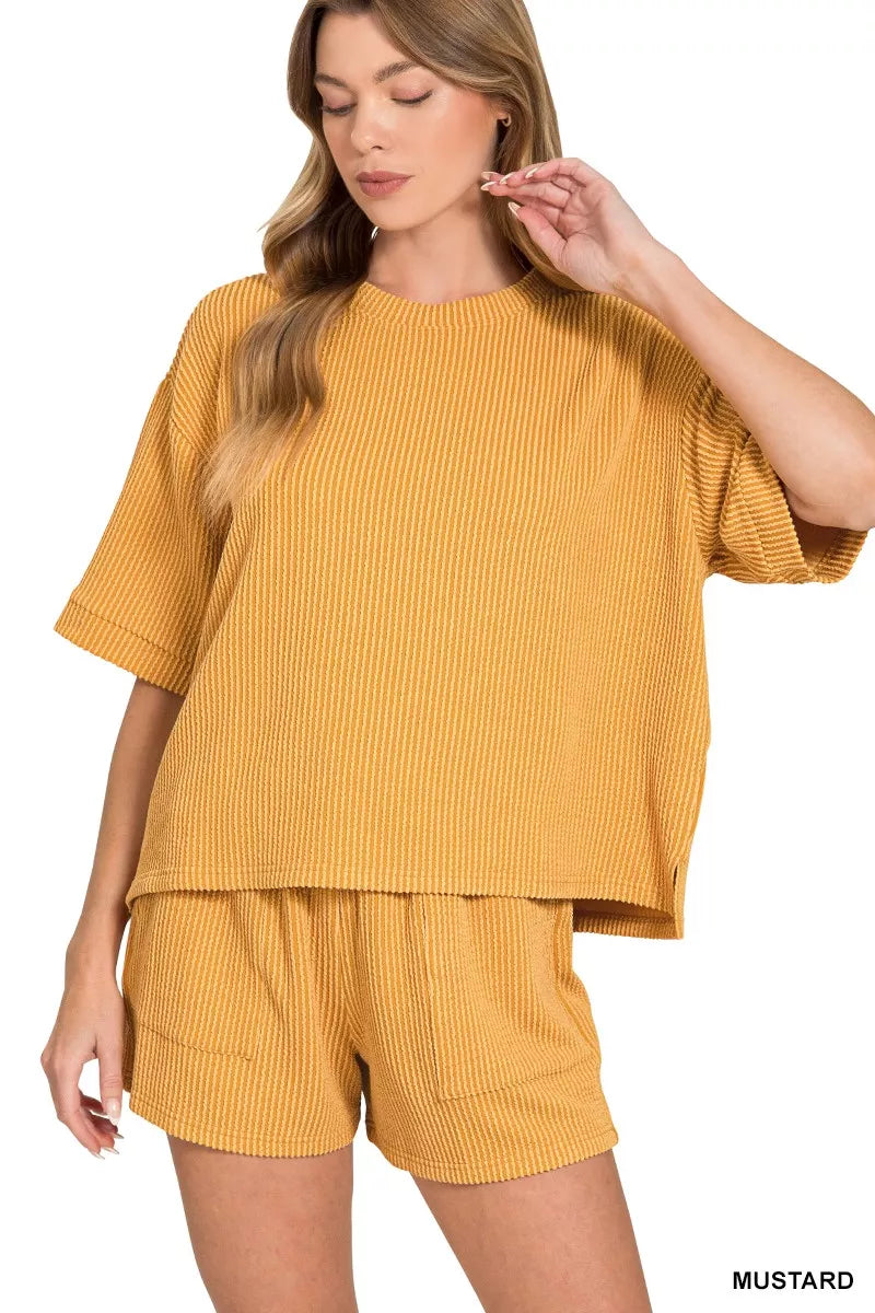 Hazel Blues® |  Zenana Raised Rib Short Sleeve Tee and Drawstring Shorts Set