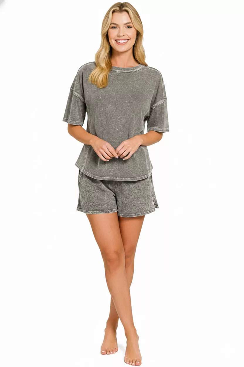 Hazel Blues® |  Zenana Halo Snow Washed Short Sleeve Tee and Shorts Set