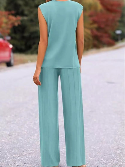Hazel Blues® |  Casual Solid Color Cap Sleeve Top and Pants Knit Set