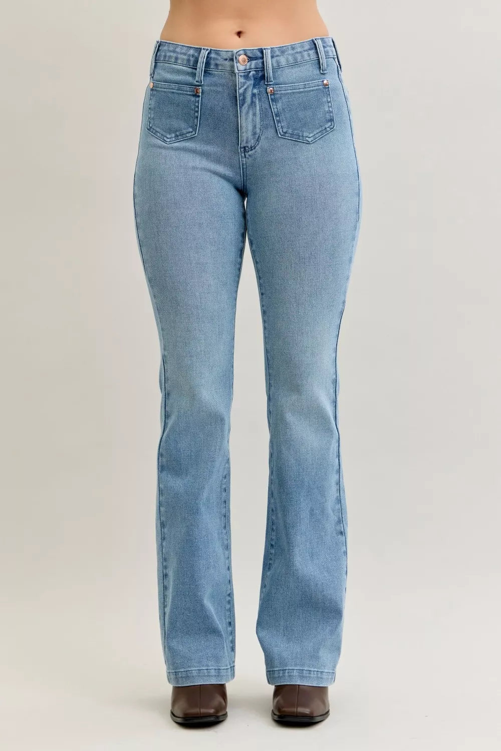 Hazel Blues® | Judy Blue Mid Rise Bootcut Jeans with Contrast Wash & Front Patch Pockets