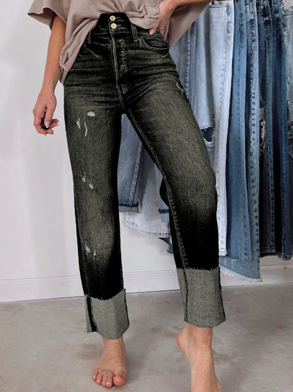 Hazel Blues® |  High Waist Distressed Straight Leg Jeans