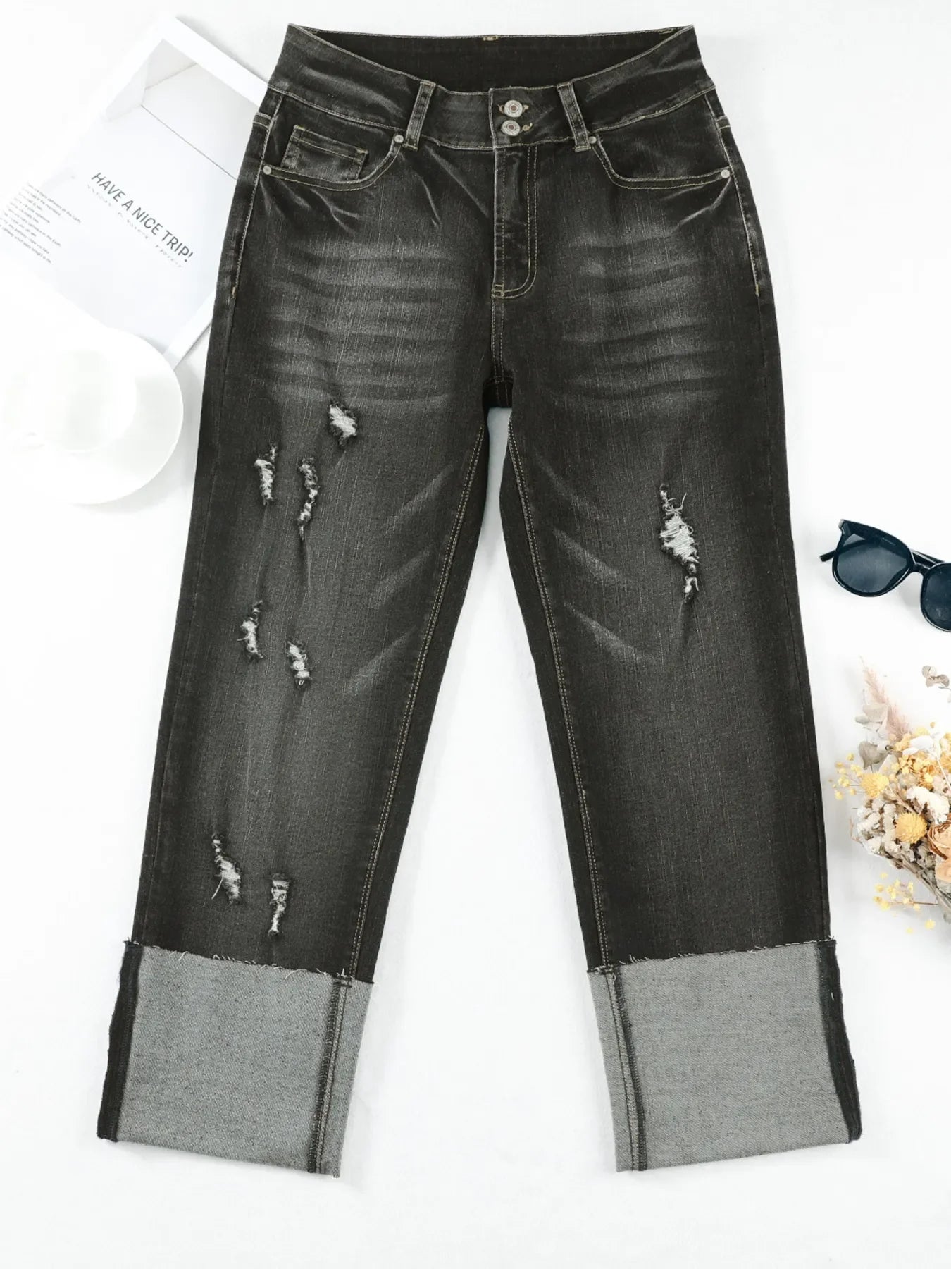 Hazel Blues® |  High Waist Distressed Straight Leg Jeans