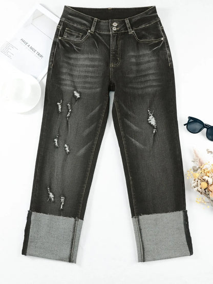 Hazel Blues® |  High Waist Distressed Straight Leg Jeans