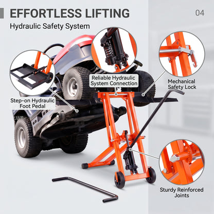 Lawn Mower Lift with Hydraulic Jack, 500 Lbs Weight Capacity, Solid Carbon Steel Lawn Mower Lift, Adjustable Movable Lawn Lifter for Riding Tractors and Zero Turn Lawn Mowers, Orange