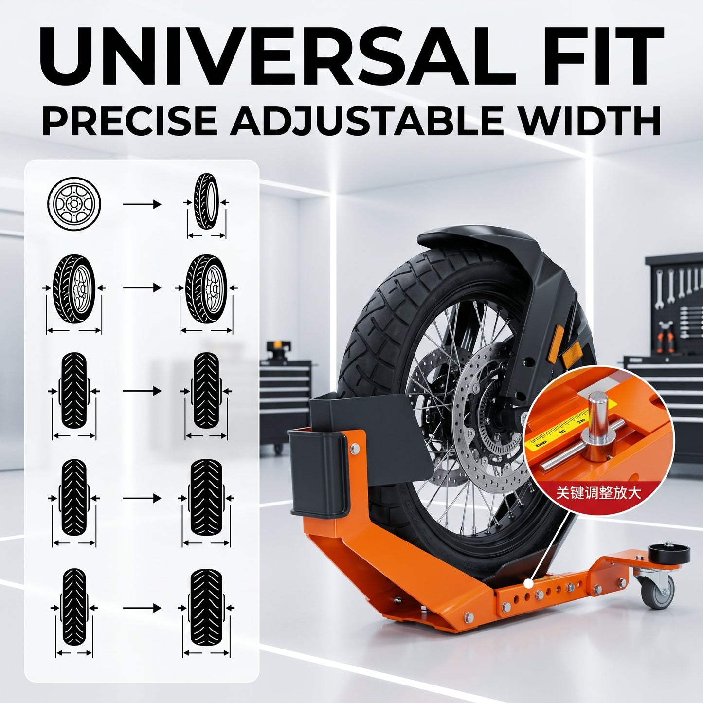 🔧 Heavy-Duty Motorcycle Wheel Chock Stand – 360° Movable Parking & Storage Rack for Secure Bike Handling
