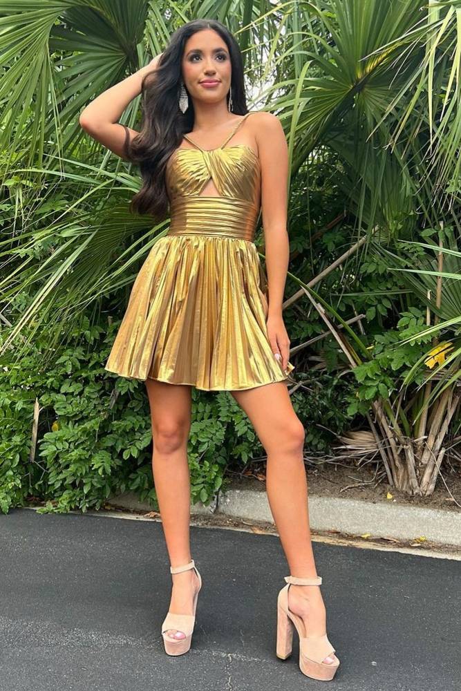 Gloden A-Line Metallic Spaghetti Strap Pleated Homecoming Dress