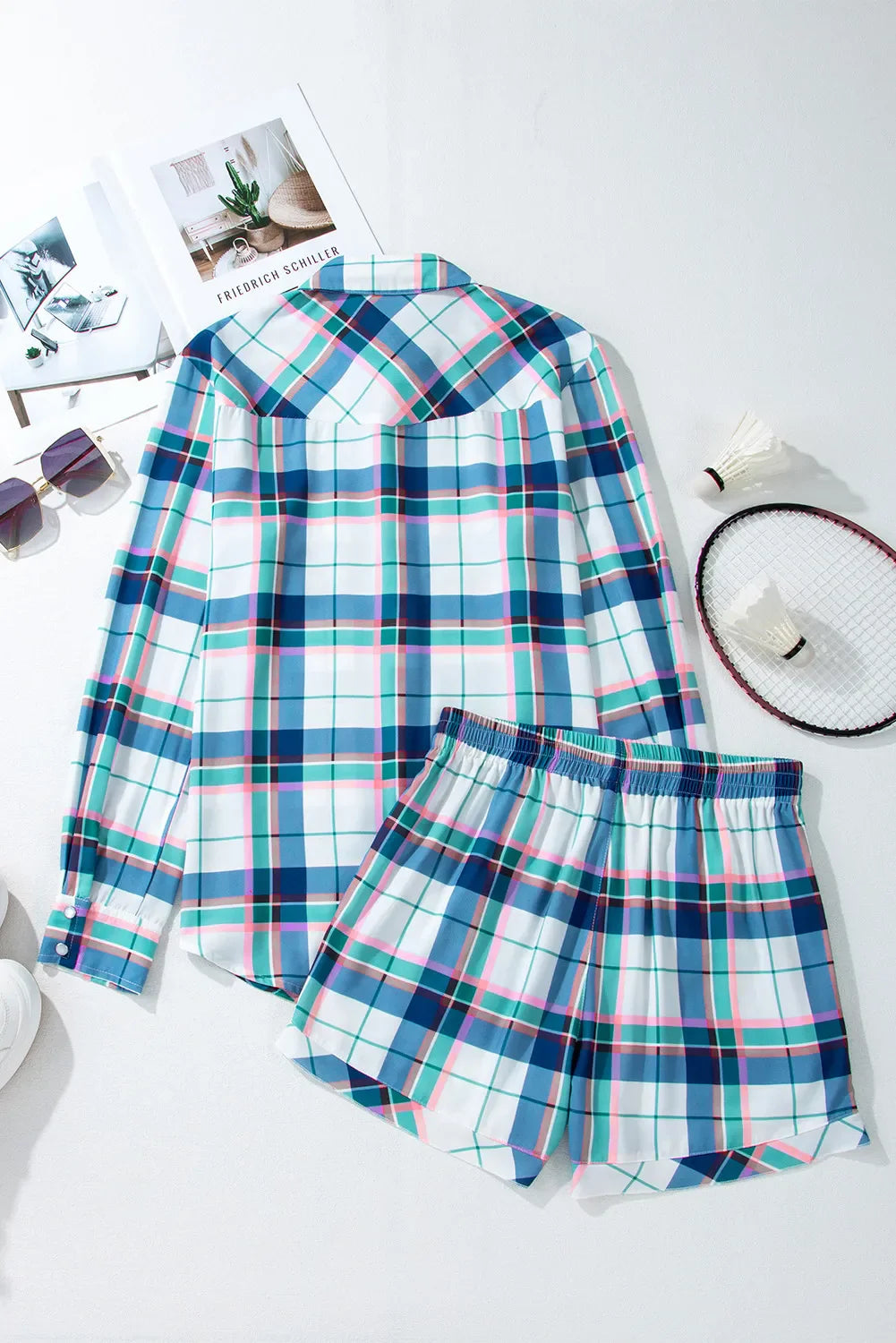 Hazel Blues® |  Plaid Snap Down Long Sleeve Top and Shorts Lounge Set