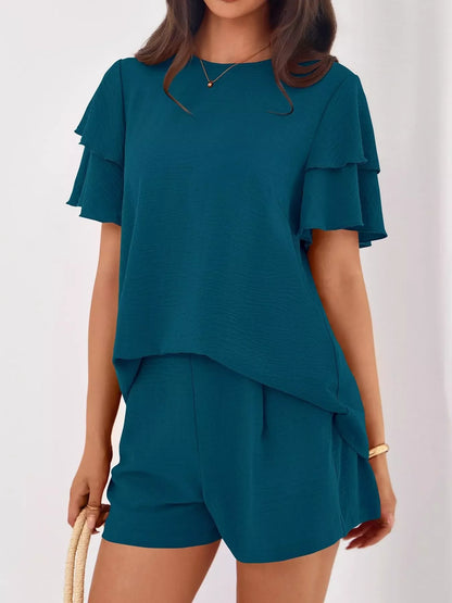 Hazel Blues® |  Ruffle Sleeve Top and Shorts Two-Piece Set
