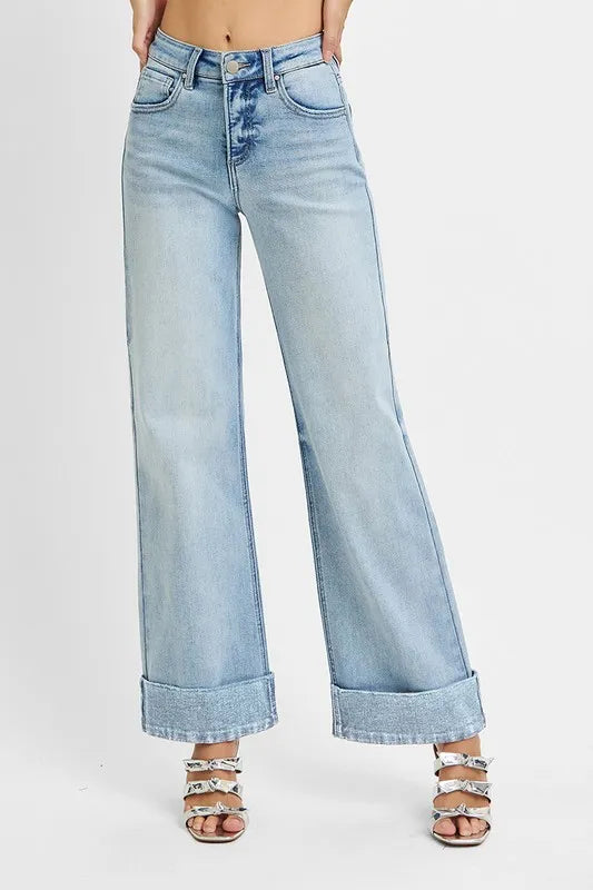 Hazel Blues® | RISEN Tummy Control High Rise Ankle Wide Cuffed Jeans