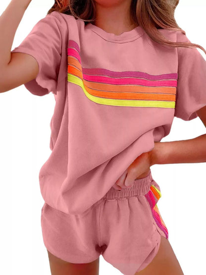 Hazel Blues® |  Rainbow Striped Round Neck Top and Shorts Set