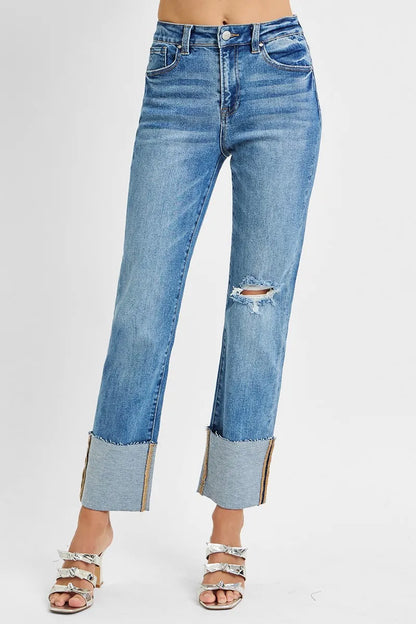 Hazel Blues® | RISEN High Rise Ankle Straight Wide Cuffed Jeans