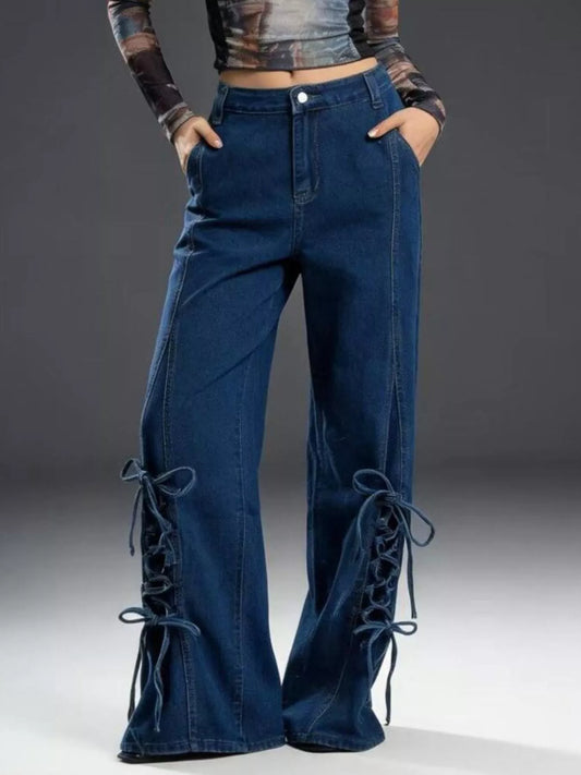 Hazel Blues® |  Lace-Up Wide Leg Jeans