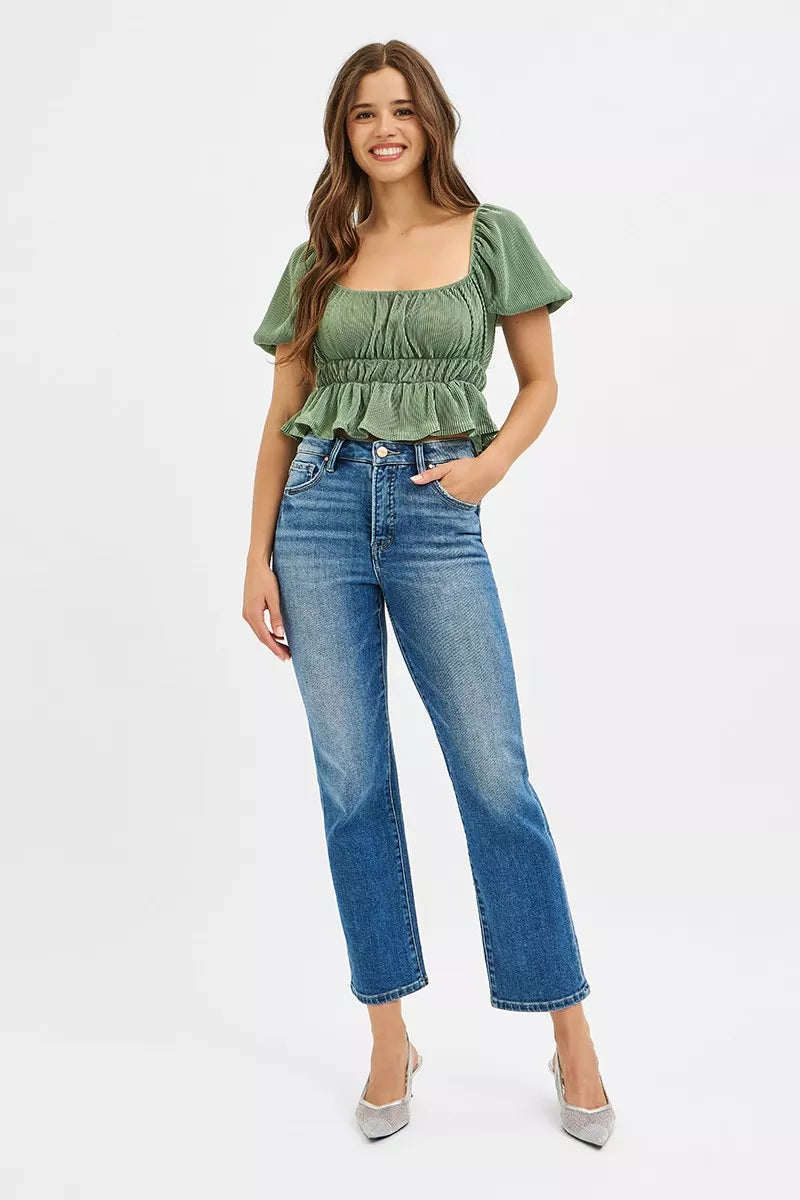 Hazel Blues® |  RISEN Tummy Control High Rise Crop Straight Jeans