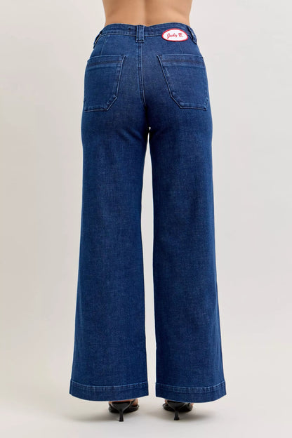 Hazel Blues® |  Judy Blue High-Waisted Retro Wide Jeans with Patch Pkts & Twisted Seams