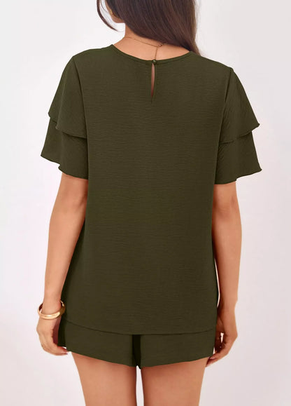 Hazel Blues® |  Ruffle Sleeve Top and Shorts Two-Piece Set