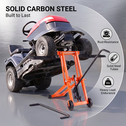 Lawn Mower Lift with Hydraulic Jack, 500 Lbs Weight Capacity, Solid Carbon Steel Lawn Mower Lift, Adjustable Movable Lawn Lifter for Riding Tractors and Zero Turn Lawn Mowers, Orange