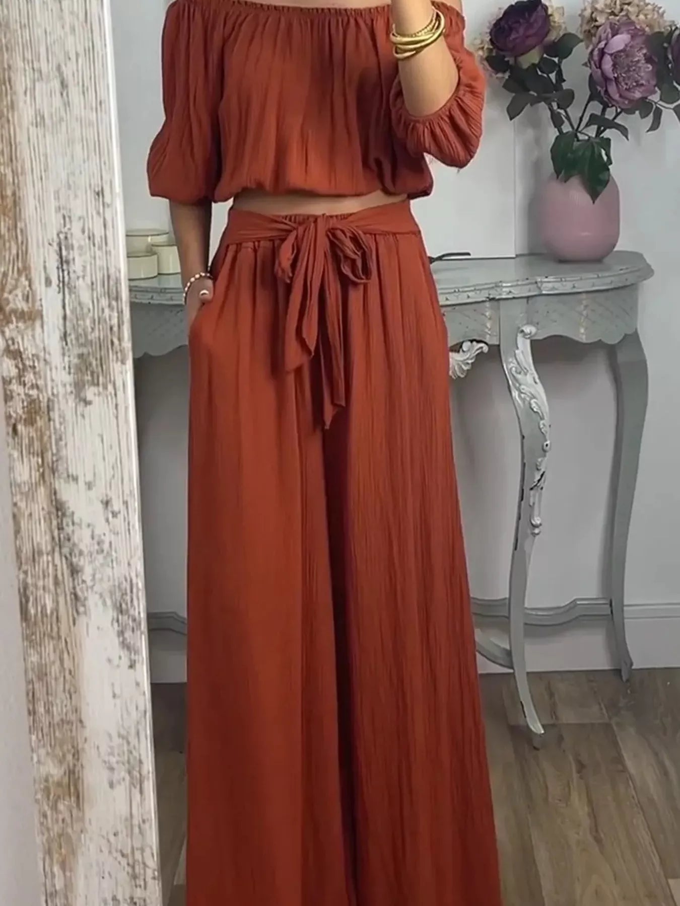 Hazel Blues® | Off-Shoulder Top and Pants Set