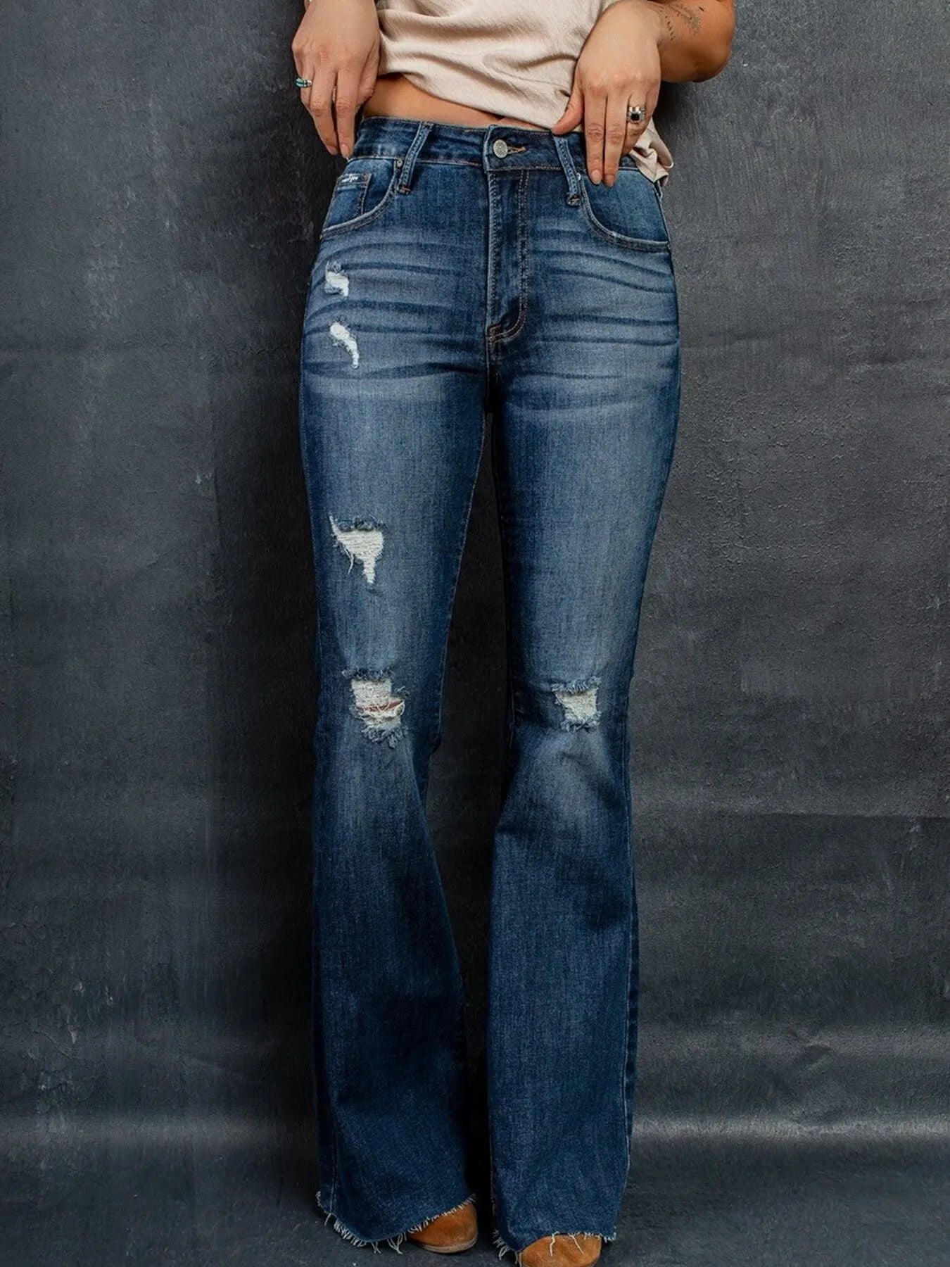 Hazel Blues® |  Distressed High-Waisted Flare Jeans