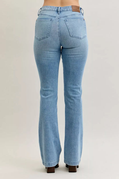 Hazel Blues® | Judy Blue Mid Rise Bootcut Jeans with Contrast Wash & Front Patch Pockets