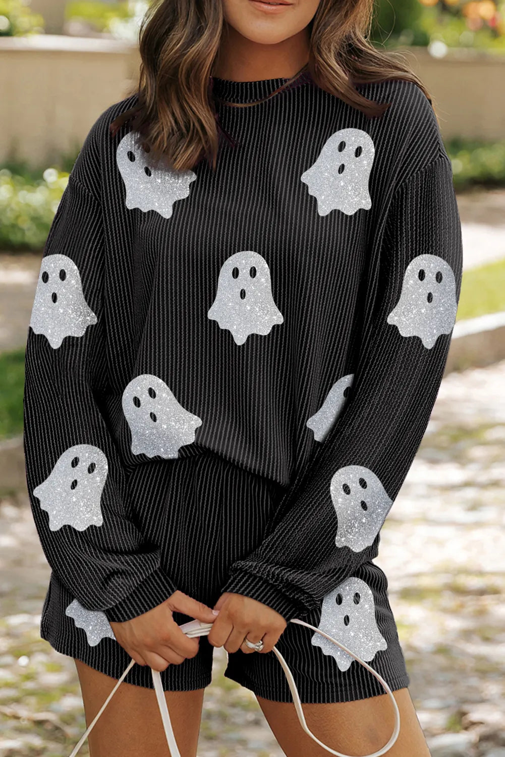 Hazel Blues® |  Glitter Ghost Round Neck Long Sleeve Top and Shorts Set