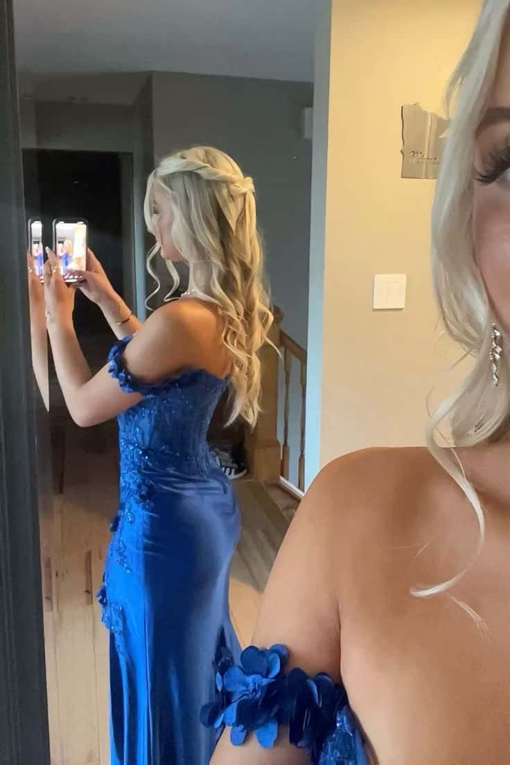 Lace Off the Shoulder Royal Blue Satin Mermaid Dress