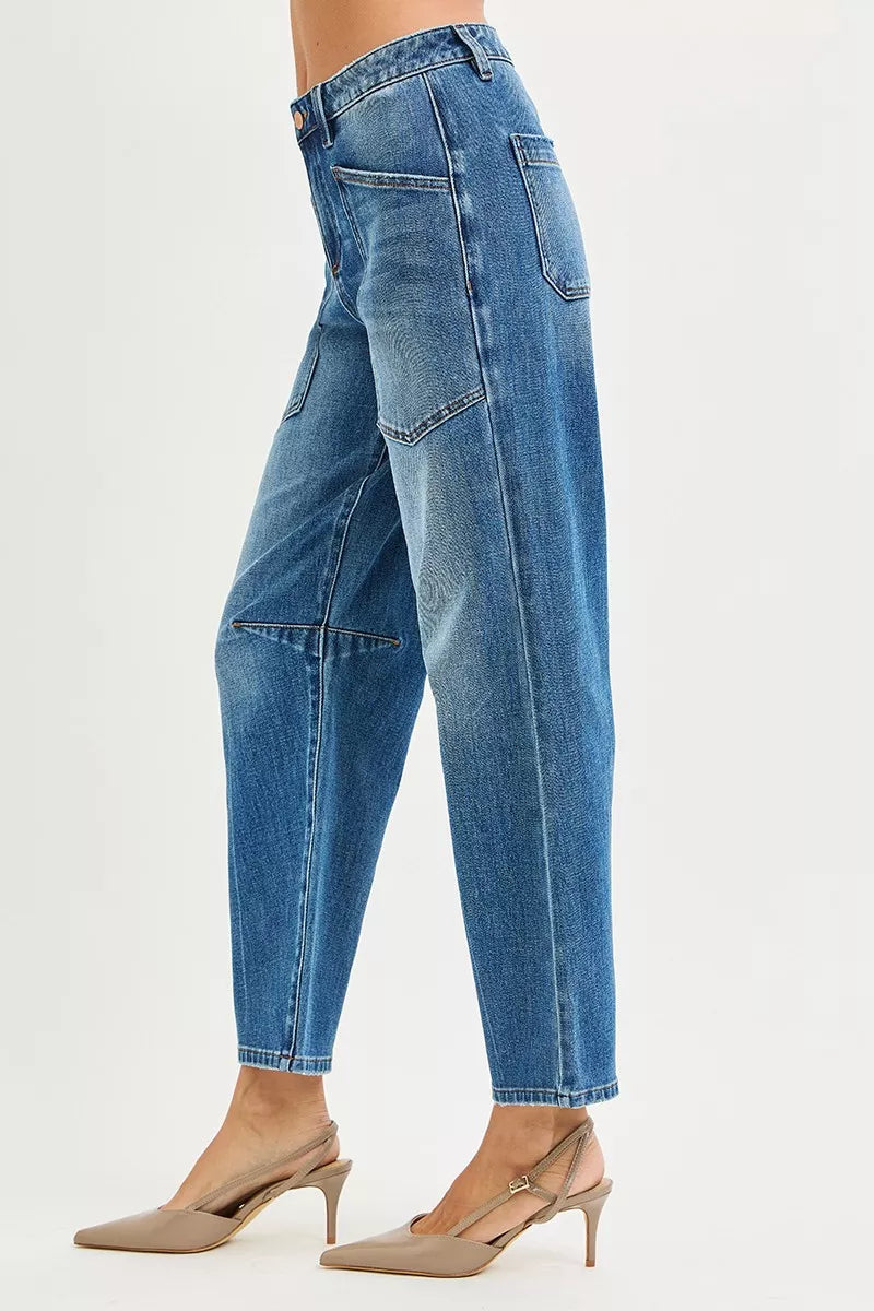 Hazel Blues® |  RISEN 4 Way Stretch Mid Rise Barrel Jeans with Patch Pocket Detail