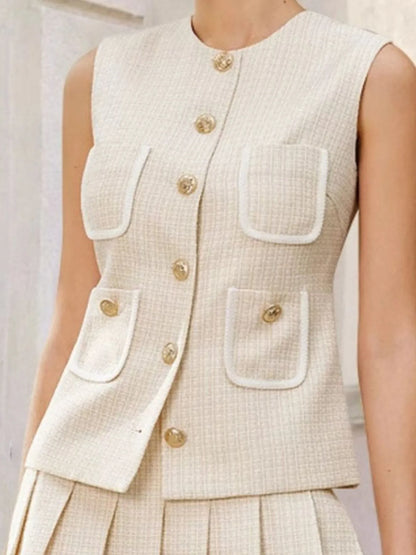 Hazel Blues® |  Tweed Button-Front Vest and Pleated Skirt Set