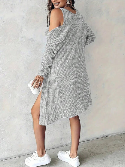 Hazel Blues® |  Ribbed Button Front Dress and Cardigan Sweater Set