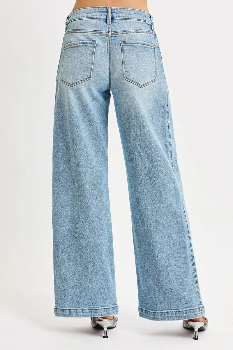 Hazel Blues® |  RISEN Mid Rise Wide Barrel Transferable Leg Snap Jeans