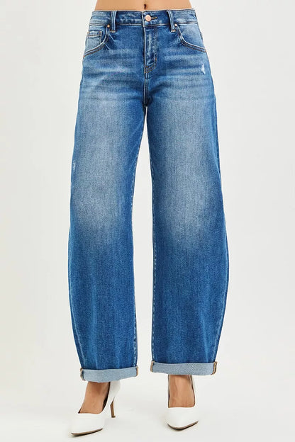 Hazel Blues® | RISEN Mid Rise Barrel Double Roll Up Jeans