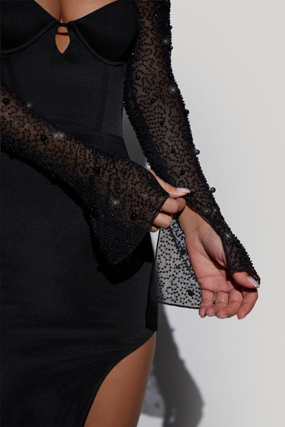 Embellished Side Split Maxi Dress in Black