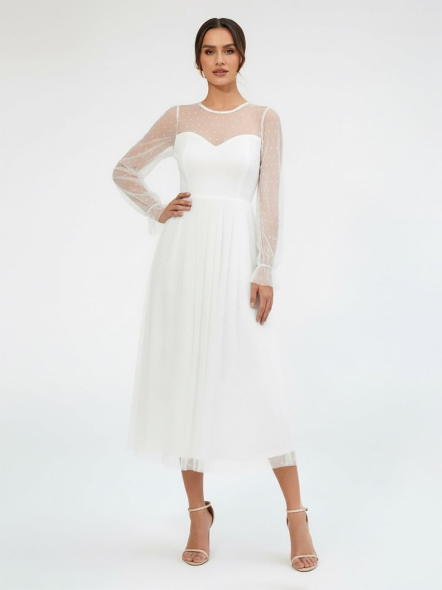Elegant A-Line Long Sleeve Tea Length Wedding Dresses