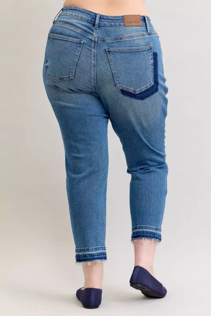 Hazel Blues® | Judy Blue Mid Rise Bf Patch & Repair Destroy Release Hem Jeans