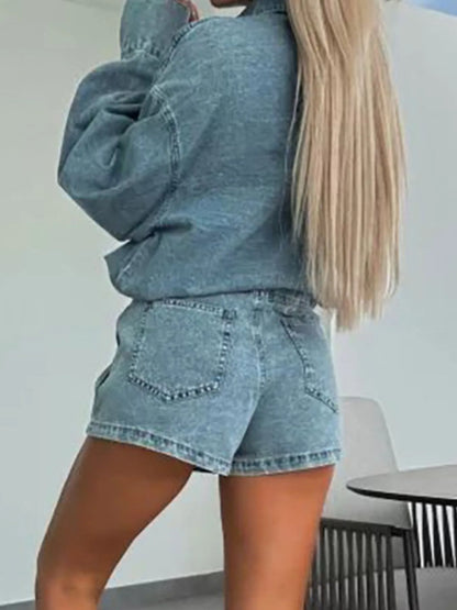 Hazel Blues® |  Button-Front Shirt and Mini Skirt Oversized Denim Set